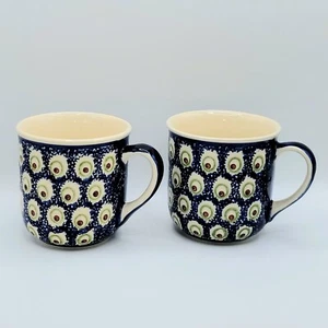 2 polnische Keramikbecher Tasse Bolelawiec Polen weiß blau Design handgefertigter Kaffee Tee - Bild 1 von 6