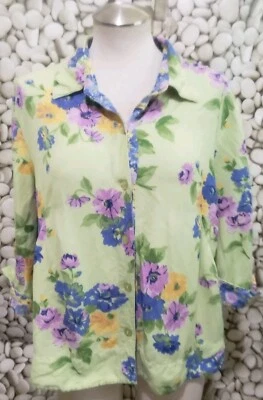 Emma James Liz Claiborne Top Size 12 Floral Green Linen Rayon Button Up Womens - Image 1 of 4