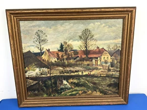 Vintage Ölgemälde ~ Bauernhof, Haus, Wagen & Personen ~ signiert v. BROZ unten links - Bild 1 von 14
