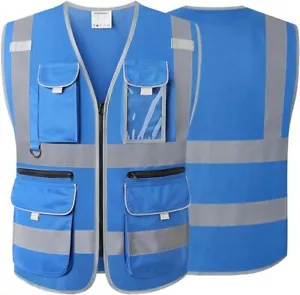 Chaleco de trabajo reflectante de seguridad azul Visindark 9 multibolsillos construcción - Imagen 1 de 10