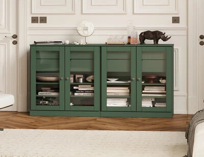 Aparador 100% Madera Maciza 64" con Puertas de Cristal Transparente y 4 Cajones Foto 1 de 4