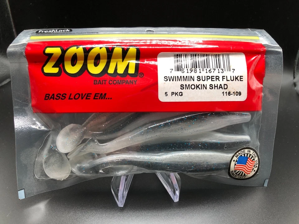 (Pack of 5) Zoom Swimming Super Fluke Smokin Shad 5” Soft Plastic Swimbait - Image 1 of 1