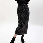 Sleek Women's Sequined Skirt Spring Office Lady Retro Casual Glossy Long Black