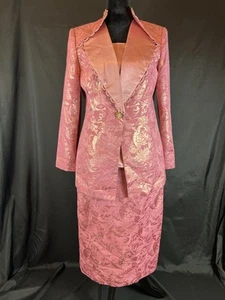 Italia exklusives rosa 3-teiliges Rock Anzug Set Größe 8 glänzendes Brokat Jacke - Bild 1 von 14