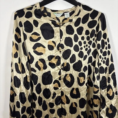 Laura Ashley Plus Size 2X Animal Print Silk Tunic Button Front Beige Blouse - Image 1 of 4