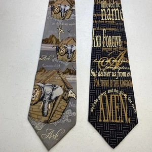 TWO Christian Mens Silk Neckties By Larson Noah’s Ark/Lords Prayer 3.5”X 58” - Picture 1 of 4
