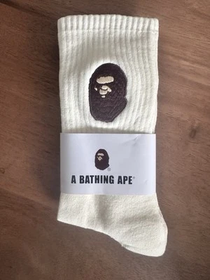 🐵 BAPE   A Bathing Ape Long Crew Socks • White - Brown Head • Size Large • BNWT - Image 1 of 4