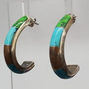 925 Turquoise Inlay Hoop Earrings 1.25in Sterling Silver Jasper Lapis VTG Estate - Picture 1 of 22