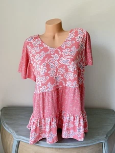 Cato Top Size 1x 14/16w Floral Mix Print Tiered Tunic pullover Babydoll Coral - Picture 1 of 7
