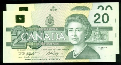 1991 $20 BC-58d-i Canadá, Caballero/Esquiva, Emisión Birds of Canada, Par consecutivo Foto 1 de 2