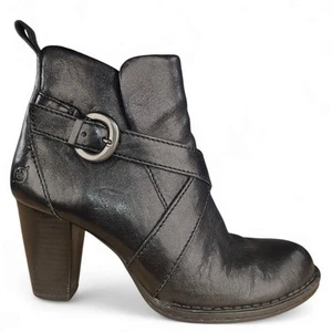 Born Black Leather Ankle Boot Heels 7.5 Side Zip Silver Buckle Comfort Booties - Picture 1 of 13