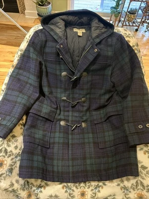 LL BEAN Vintage 90s Blue/Green WOOL Tartan Plaid Duffle Toggle Coat Size L - EUC - Image 1 of 4