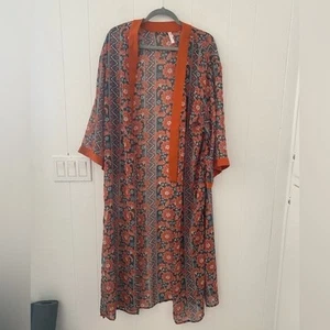 Xhilaration Floral Print Open Front Duster Top, Size M Burnt Orange & Green - Picture 1 of 4