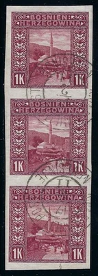 B&D: 1906 Bosnia & Herzegovina Scott 43b, 1K, IMPERFORATE strip of 3 used - Image 1 of 2