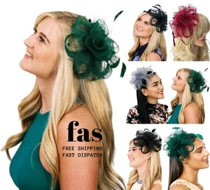 Women Fascinator Hair Clip Veil Flower Net Feather Hat Wedding Race Royal Ascot - Picture 1 of 12
