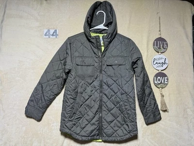 Chaqueta acolchada acolchada con capucha azul marino antigua abrigo ligero gris verde neón talla L 10/12 Foto 1 de 4