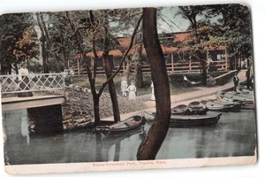 Postcard Vinewood Park Scene Topeka Kansas 1910 Litho-Chrome Germany Boats Bridg - Picture 1 of 2