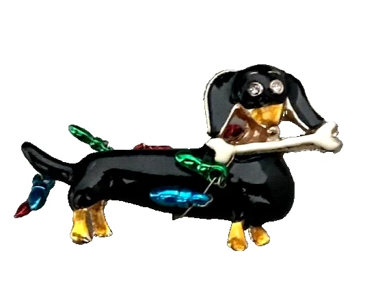 БРОШЬ ДЛЯ СОБАКИ WEINER ЧЕРНАЯ ЭМАЛЬ ТАКСА С КОСТЬЮ И ГИРЛЯНДОЙ ОГНЕЙ - Изображение 1 из 4