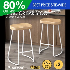 ALFORDSON 2x Bar Stools 75cm Tractor Kitchen Wooden Vintage Retro Chair White - Picture 1 of 11