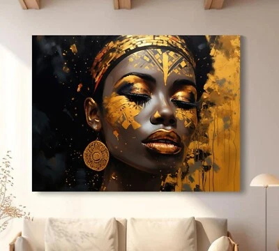 LEINWAND BILD BIS 140x100x5 FRAU AFRIKA SCHWARZ GOLD-GELB GEMÄLDE MODERN MALEREI - Bild 1 von 4