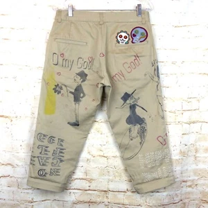 Remi Relief Graphic Print Chino Pants Mens Japan M Beige Crop Art Skull Y2K VTG - Picture 1 of 15