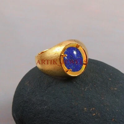 Naturale Lapislazzuli Gemma Placcato Oro 925 Argento Sterling Uomo Anello #4856 - Immagine 1 di 4
