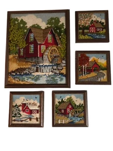 Vintage Embroidered 5 pc Country Landscape Custom Made Framed Wall Art 4 Season - Picture 1 of 12