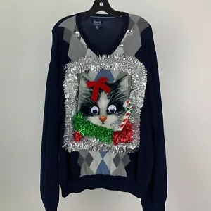 Suéter Feo Navidad Para Hombre Talla XL Gato con Ojos Googly Hecho a Mano Divertido - Imagen 1 de 7