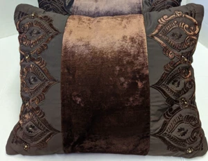 Brown Velvet Embroidered Bead Cotton Back Lumbar Decorative Pillow 18 x 14 - Picture 1 of 5