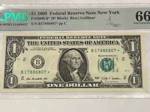 2009 " B " STAR note - GRADED PMG EPQ GEM 66 UNCIRCULATED - B* BLOCK STAR NOTE - Picture 1 of 4