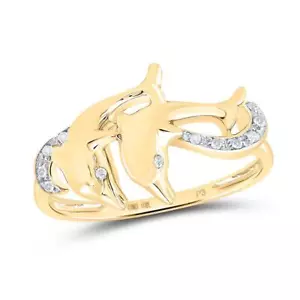 10K Yellow Gold Real Diamond Women's Wavy Double Dolphin Cocktail Ring 1/20 CT - Picture 1 of 1
