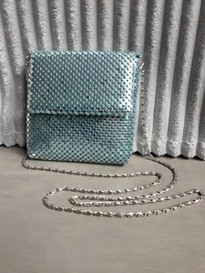 Vintage Dot Mesh Flap Evening Bag Shoulder Purse Blue Silver Chain Party - Picture 1 of 24