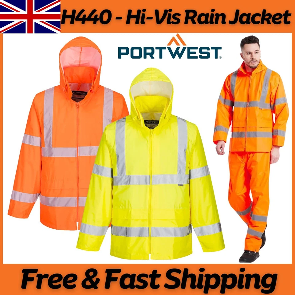 Portwest Hi Vis Visibility Rain Jacket Waterproof Packaway Safety Hood Rain Coat