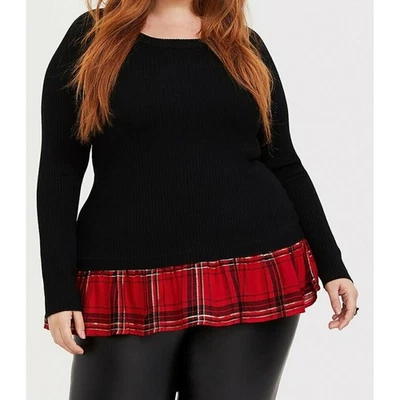Top para mujer Torrid talla 2 (18/20) negro acanalado tejido dosfer rojo a cuadros con volantes Foto 1 de 4