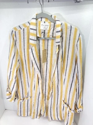 Love Tree Linen Blazer Women Size Large Yellow Stripe Open Front Pockets NWT - Image 1 of 4