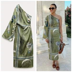 NWOT Zara Linen Viscose Asymmetrical Moon Horse Maxi Green Dress Size XL - Picture 1 of 9