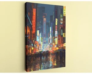 Korean Street Wall Art Rainy Seoul Night Canvas Painting Cyberpunk Decor - Picture 1 of 10
