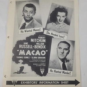 1952 Macao Exhibitors Information Sheet RKO Robert Mitchum Jane Russell 8.5x11 - Picture 1 of 13