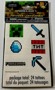 Minecraft Tatuajes Temporales Cumpleaños Fiesta Suministros 4 Hojas 24 Total Mojang NUEVO - Imagen 1 de 3