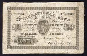 JERSEY - International Bank, P-S161. Nov 9th 1865 - One Pound.. St Heliers.. aVF - Picture 1 of 2