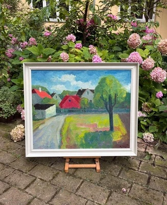 Aceite danés vibrante - Techos rojos y prado verde.  Por Dyrberg Petersen, Cira 1945 Foto 1 de 4