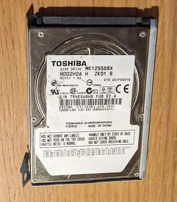 Toshiba HDD 120GB 5400 RPM 2.5" MK1255GSX used in fair condition, with bracket - Image 1 of 3
