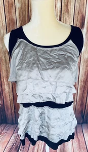 Women’s Medium Tank Top Alfani Black Gray Silky Ruffle Soft Back U Neck - Picture 1 of 10