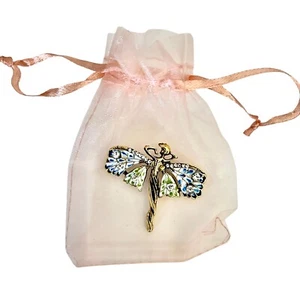Retro Deco Inspired Antique Gold Tone Lady Dragonfly Crystals Enamel Brooch - Picture 1 of 3
