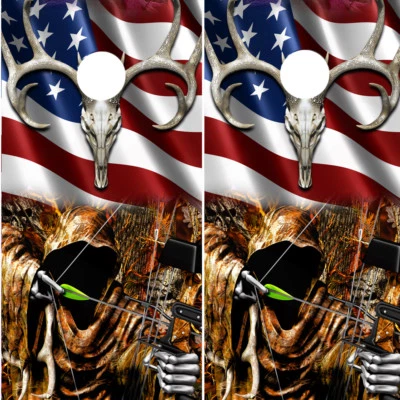 Cornhole Wrap Bow Hunting Grim Reaper- American Flag-Buck Skull- Camo 2 pack #05 - Image 1 of 3