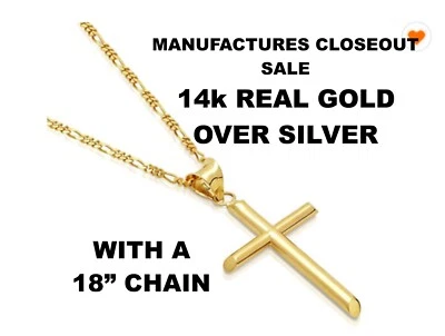 Sterling 925 Silver Yellow Gold Plated Cross Pendant Necklace Jewelry Size 18" - Изображение 1 из 2