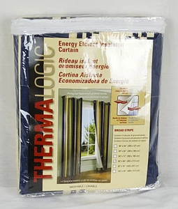 Thermalogic Broad Stripe Insulated Grommet Curtain Panel Pair 84”L - Navy/Cream - Picture 1 of 7