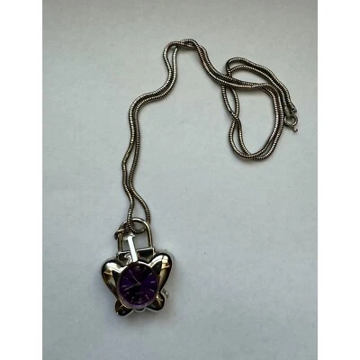 Butterfly Heart Padlock Watch Necklace Purple Face Silver Tone Chain Y2K - image 1 of 4