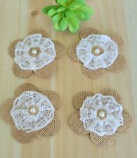 4 Piece Burlap, Lace and Pearl Flower Set
