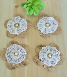 4 Stück Sackleinen Blumen Spitze & Perlen 76 x 76 mm - Bild 1 von 1